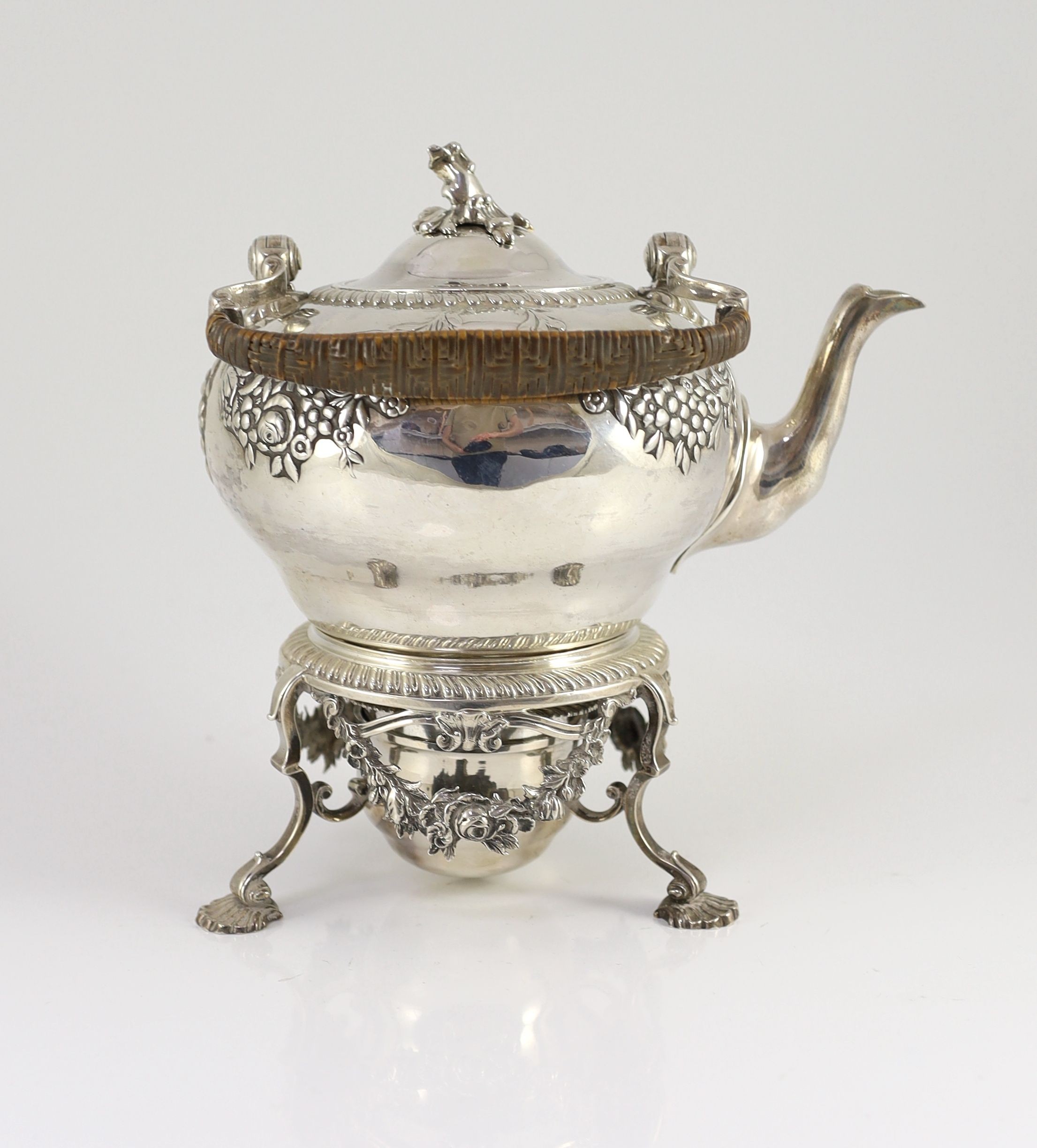 A George II silver spirit kettle on stand with burner, by Paul Crispin